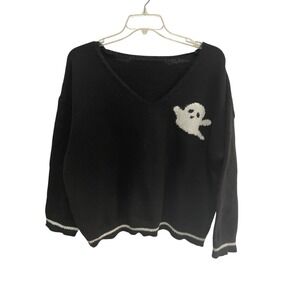 Ghost Sweater 2XL Black V-Neck Halloween Spooky Cozy Knit
